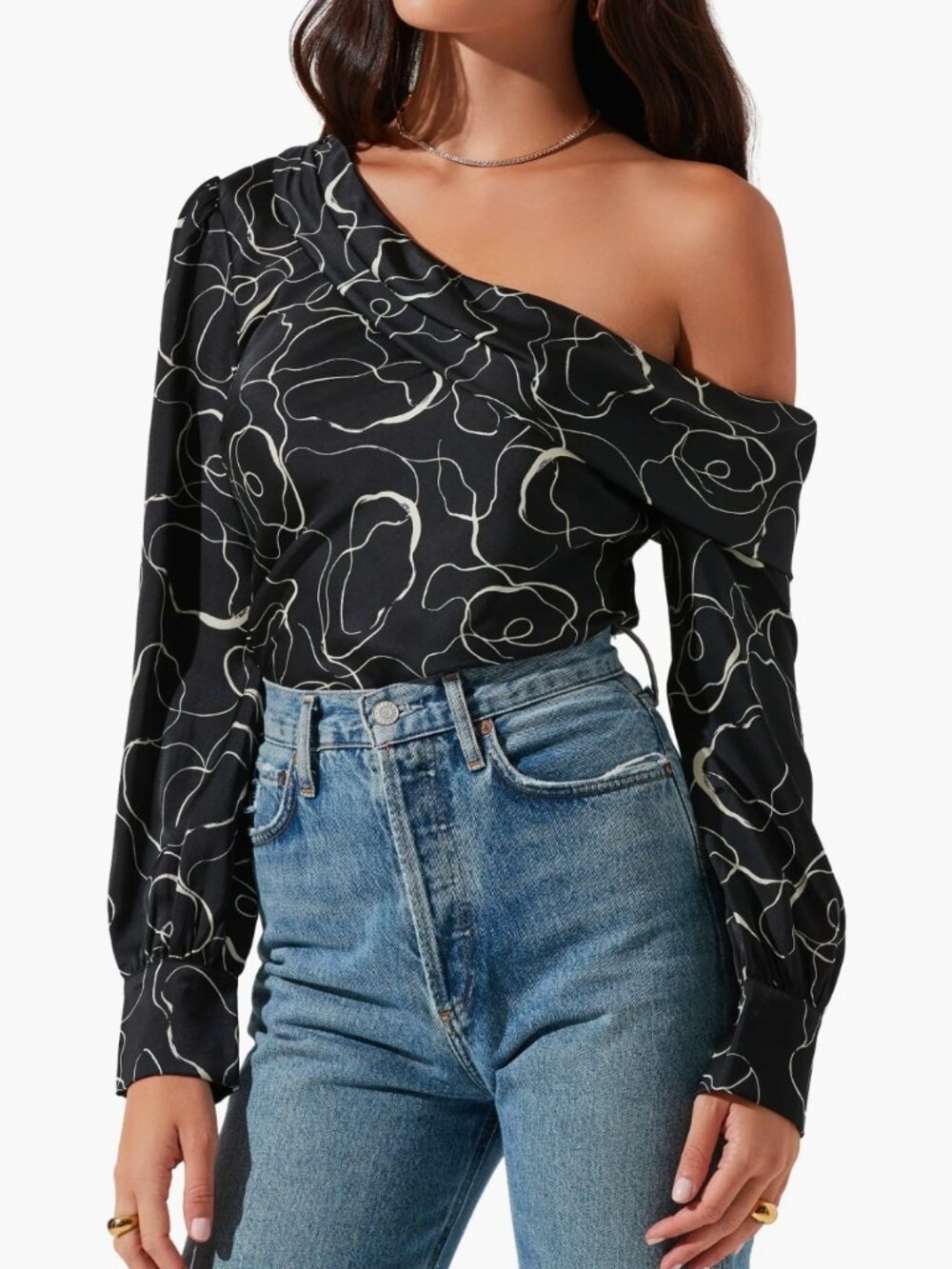 ASTR The Label Print One-Shoulder Satin Long Sleeve Top Size Large